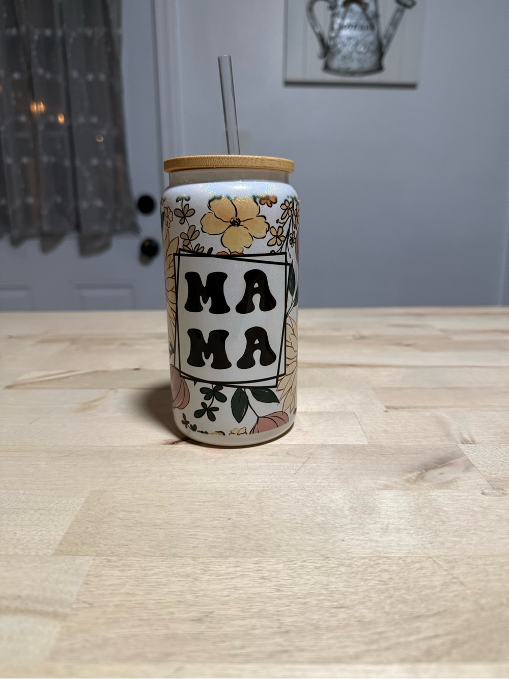Glass mama cup with glass straw